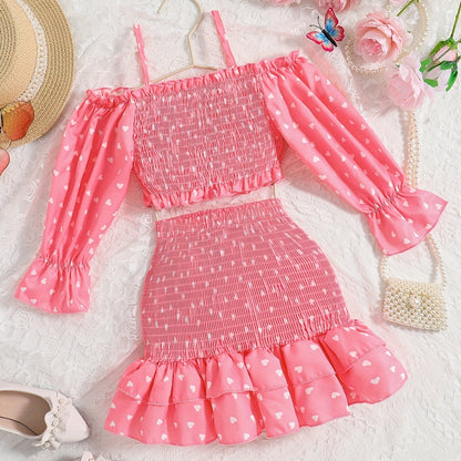 [Casual Heart Print Skirt Set] Casual Heart Print Ruffle Detail Girls' Knee-Length Skirt Set | Summer Dresses for Outdoor Attire