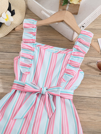 HWMFSNHFZ Girls' Sleeveless Striped Jumpsuit with Ruffled Hem & Adjustable Waist Belt - Light Blue, Pink, White Stripes, Square Neck, Summer Casual Outfit for Outdoor Play, Sleeveless Jumpsuit, Nonelastic Fabric