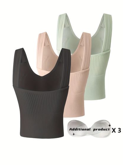 3pcs Comfortable Ribbed Tank Top - Wireless, Detachable Chest Pads, Breathable, Soft, and Seamless Lingerie & Underwear for Women - Casual, Everyday Wear
