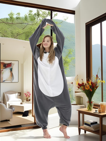 [Winter Party Fleece Onesie] Adult Fleece Kigurumi Onesie, Crew Neck Long Sleeve Animal Pattern Romper, 100% Polyester Knit Fabric, Winter Party Wear for Women and Men