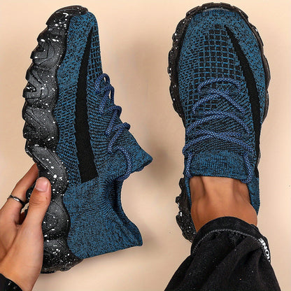 Men's Casual Sneakers - Geometric Pattern, Breathable Knit Upper, Lace-Up Closure, Durable Rubber Sole, Comfortable Fabric Lining for Spring Sports & Casual Attire, Athletic Footwear | Geometric Pattern Shoes | Knit Construct