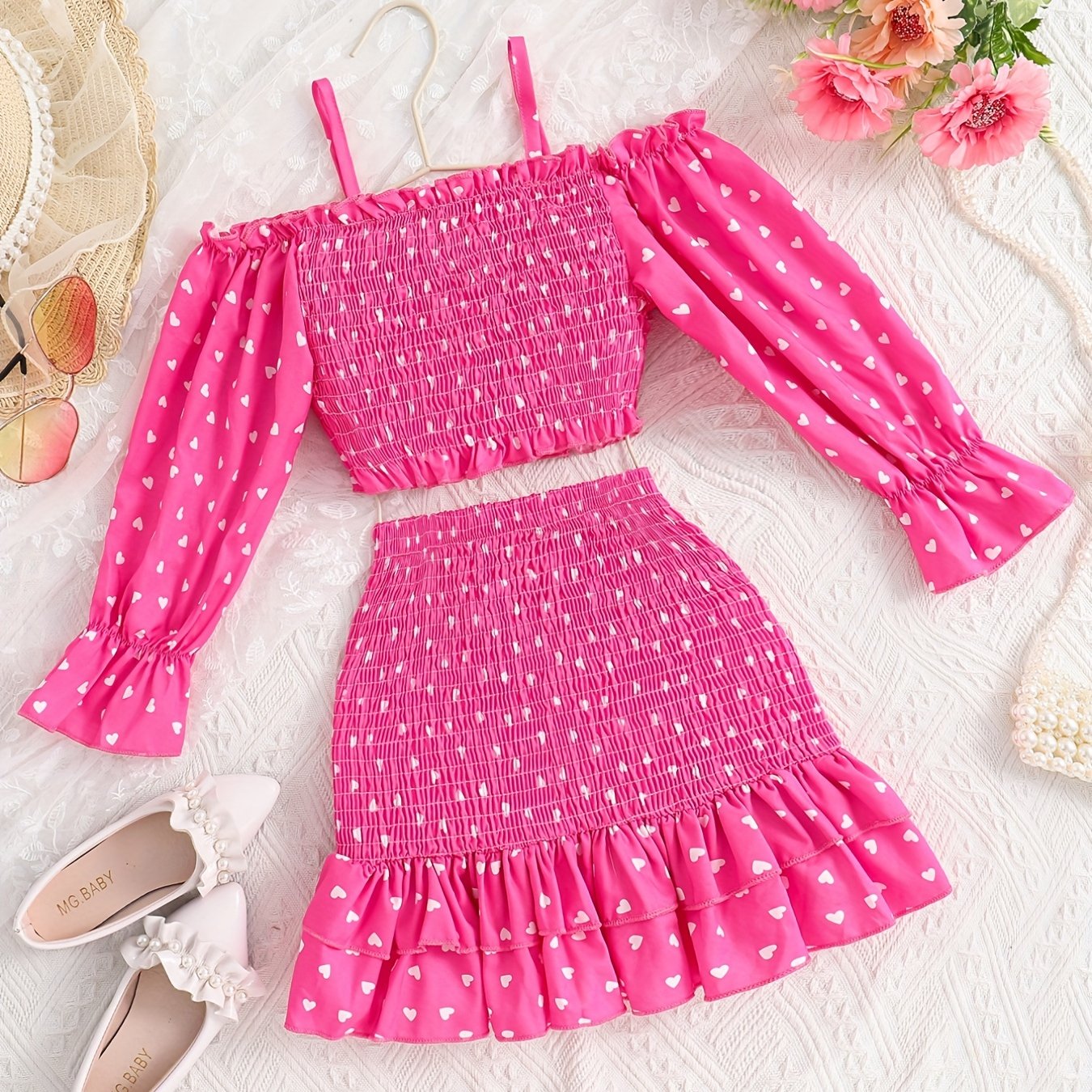 [Casual Heart Print Skirt Set] Casual Heart Print Ruffle Detail Girls' Knee-Length Skirt Set | Summer Dresses for Outdoor Attire