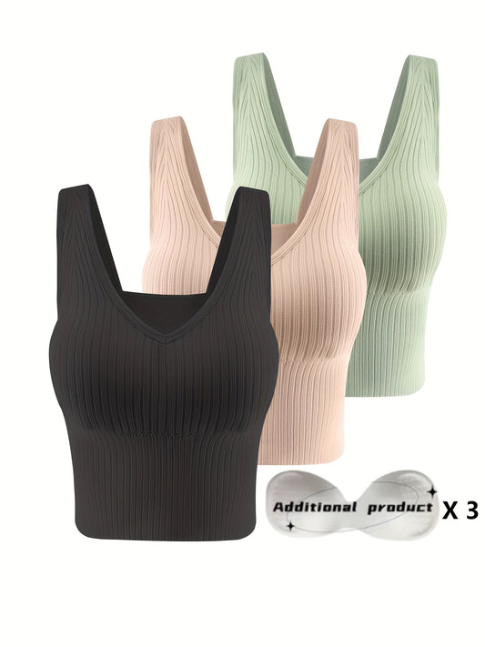 3pcs Comfortable Ribbed Tank Top - Wireless, Detachable Chest Pads, Breathable, Soft, and Seamless Lingerie & Underwear for Women - Casual, Everyday Wear