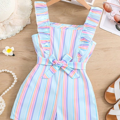HWMFSNHFZ Girls' Sleeveless Striped Jumpsuit with Ruffled Hem & Adjustable Waist Belt - Light Blue, Pink, White Stripes, Square Neck, Summer Casual Outfit for Outdoor Play, Sleeveless Jumpsuit, Nonelastic Fabric