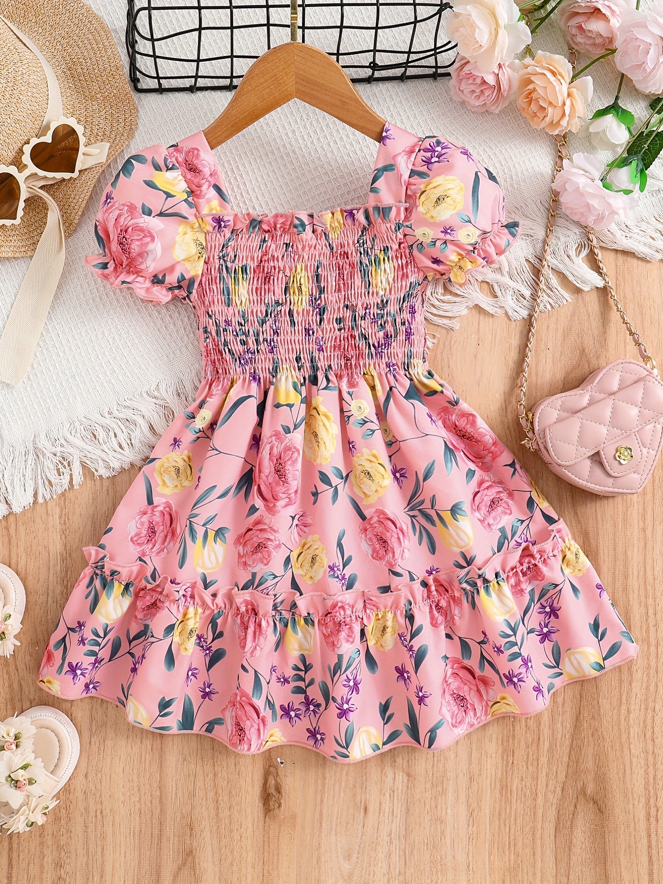 [Floral Party Dress] Floral Puff Sleeve Girls Party Dress | Shirred Ruffled Hem Kids Summer Clothes