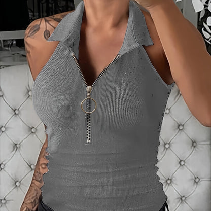 Sexy Ribbed Half Zip Up Tank Top - Sleeveless Summer Essential with Comfortable Fit, Breathable Fabric, and Flattering Design - Women's Clothing for Warm Weather