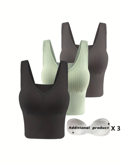 3pcs Comfortable Ribbed Tank Top - Wireless, Detachable Chest Pads, Breathable, Soft, and Seamless Lingerie & Underwear for Women - Casual, Everyday Wear