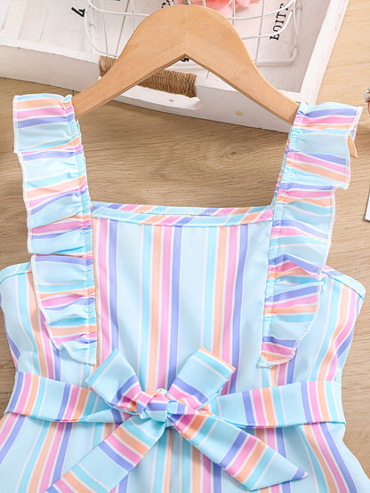 HWMFSNHFZ Girls' Sleeveless Striped Jumpsuit with Ruffled Hem & Adjustable Waist Belt - Light Blue, Pink, White Stripes, Square Neck, Summer Casual Outfit for Outdoor Play, Sleeveless Jumpsuit, Nonelastic Fabric