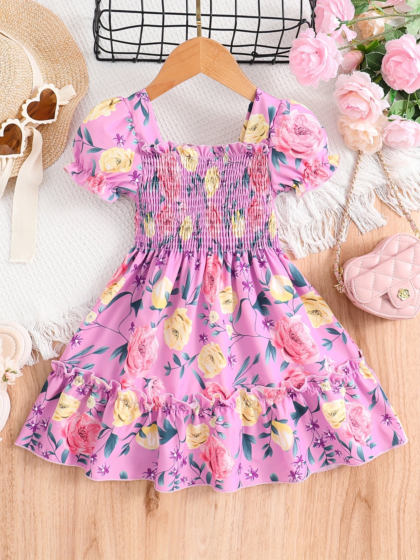 [Floral Party Dress] Floral Puff Sleeve Girls Party Dress | Shirred Ruffled Hem Kids Summer Clothes
