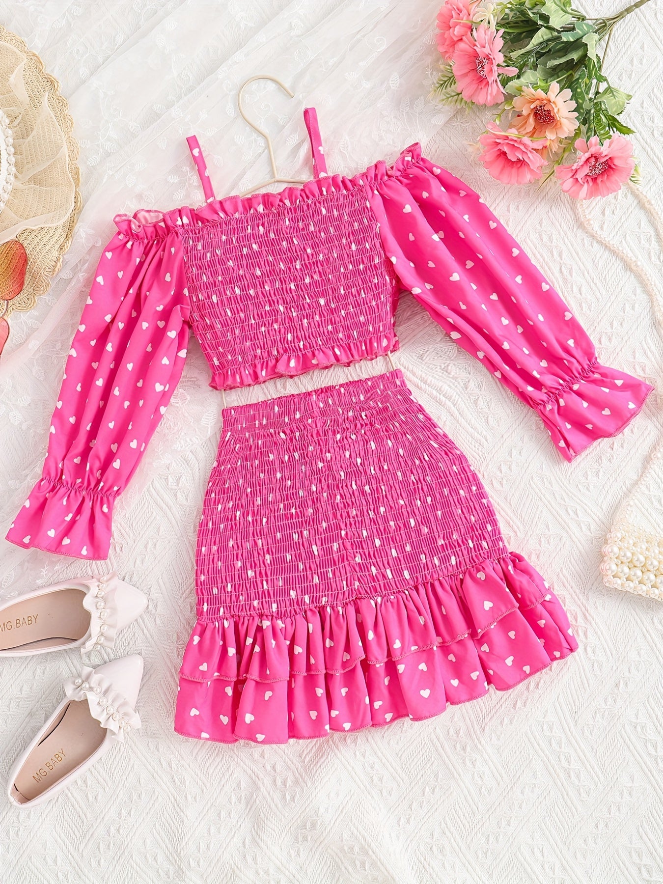[Casual Heart Print Skirt Set] Casual Heart Print Ruffle Detail Girls' Knee-Length Skirt Set | Summer Dresses for Outdoor Attire