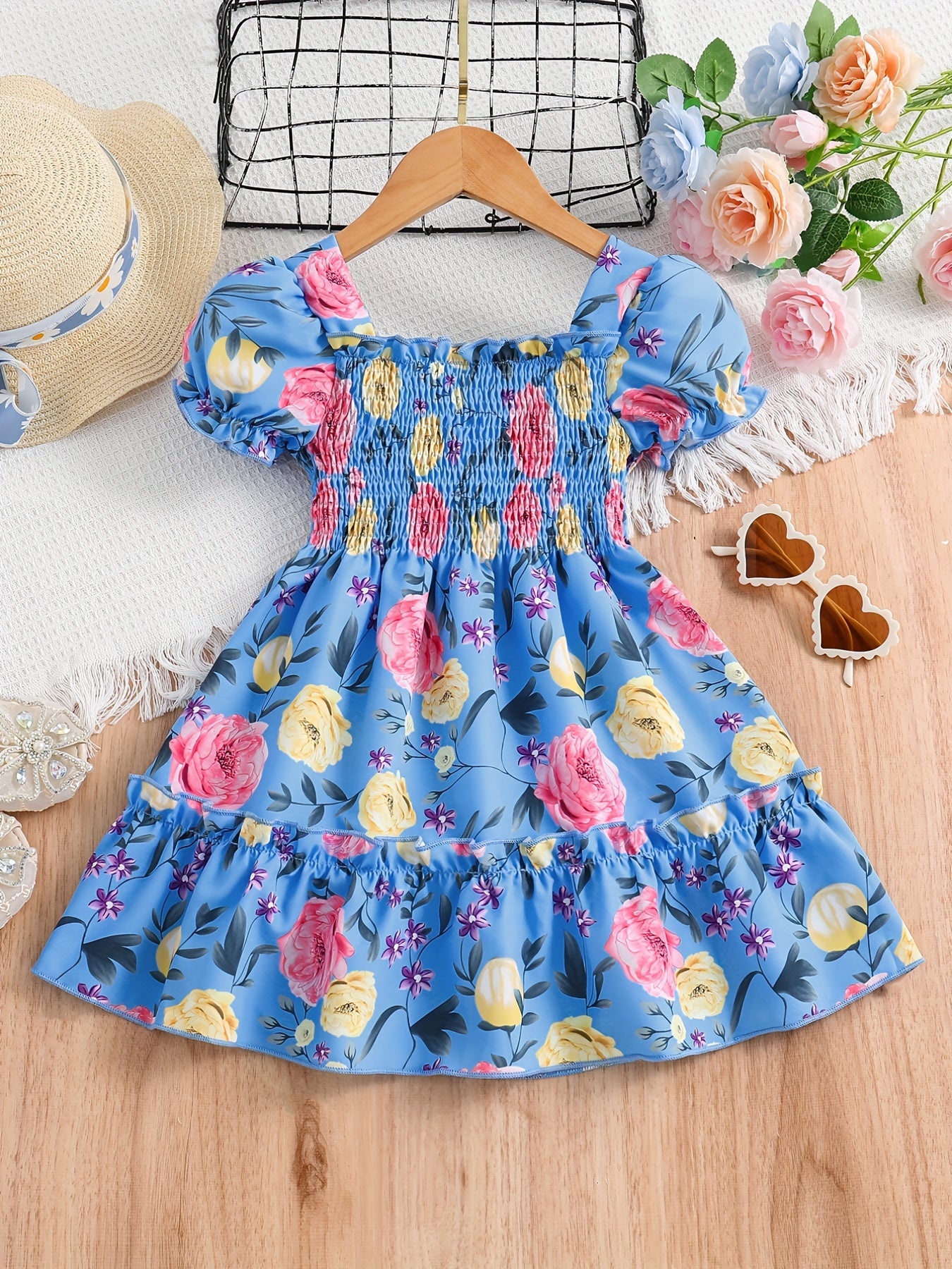 [Floral Party Dress] Floral Puff Sleeve Girls Party Dress | Shirred Ruffled Hem Kids Summer Clothes