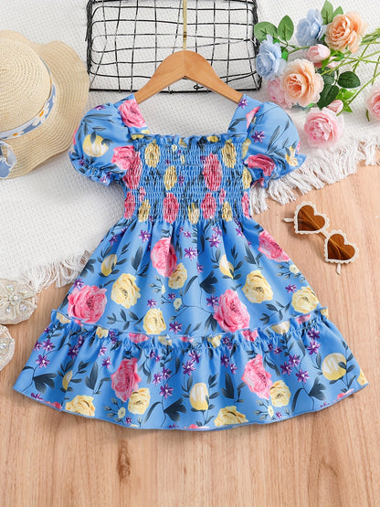 [Floral Party Dress] Floral Puff Sleeve Girls Party Dress | Shirred Ruffled Hem Kids Summer Clothes