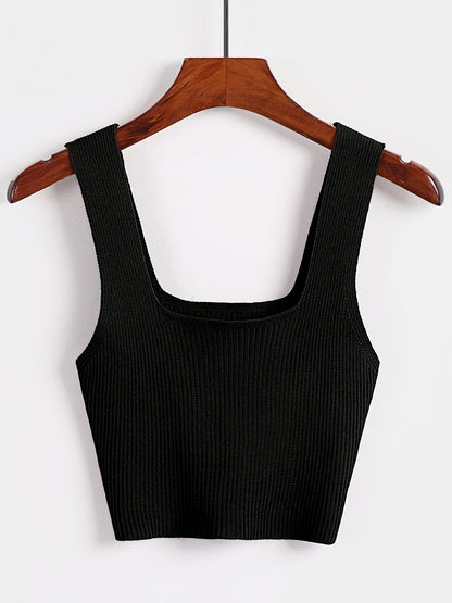 Solid Cropped Rib Knitted Vest, Elegant Sleeveless Summer Stretchy Vest, Women's Clothing