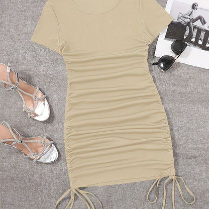 Womens Ruched Skinny Dress - Adjustable Drawstring Waist, Solid Color, Short Sleeve, Crew Neck, Chic and Versatile Casual Wear for Women