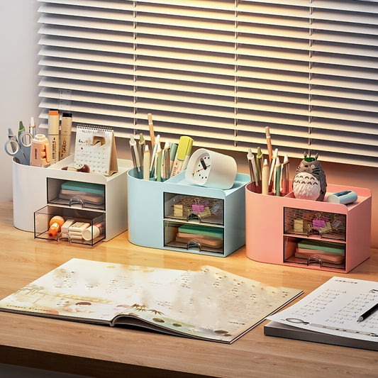 1pc Desktop Storage Box, Drawer Type Stationery Sundries Storage Box, Desktop Pen Container, Countertop Transparent Storage Cabinet Desk Storage Organization