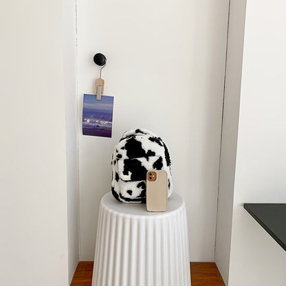 Cow Print Fluffy Backpack, Small Fuzzy Shoulder Bag For Work & School, Women's Top Handle Backpack Purse