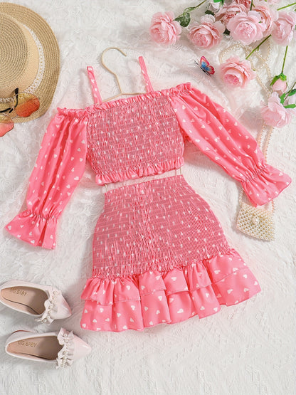 [Casual Heart Print Skirt Set] Casual Heart Print Ruffle Detail Girls' Knee-Length Skirt Set | Summer Dresses for Outdoor Attire