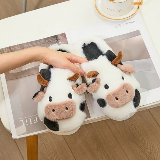 [Cozy Cow Plush Slippers] Warm Cozy Home Cute Cartoon Cow Plush Half-Wrap Slippers | Couple's Matching Thickened