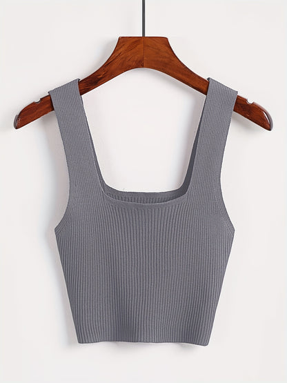 Solid Cropped Rib Knitted Vest, Elegant Sleeveless Summer Stretchy Vest, Women's Clothing