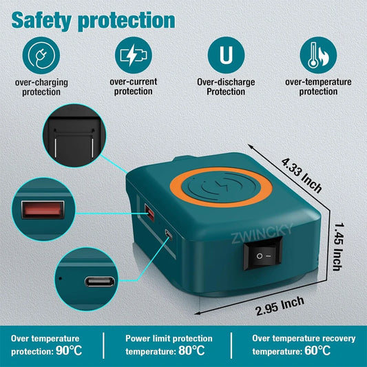 for Makita/Dewalt/Milwaukee 18V 20V Lithium Battery Wireless Charging Adapter Type C USB Charger Adapter Charging for Phone