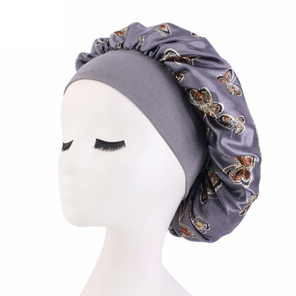 Butterfly Print Satin Sleeping Cap Wide Brim Nightcap Hair Care Turban Chemo Hat for Washing Face Skin-caring Make-up
