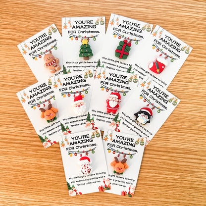 10/40PCS Random Mini Christmas Cards - Emotional Support Gifts with Resin Charms, Santa, Stocking, Gingerbread, Snowman,Reindeer