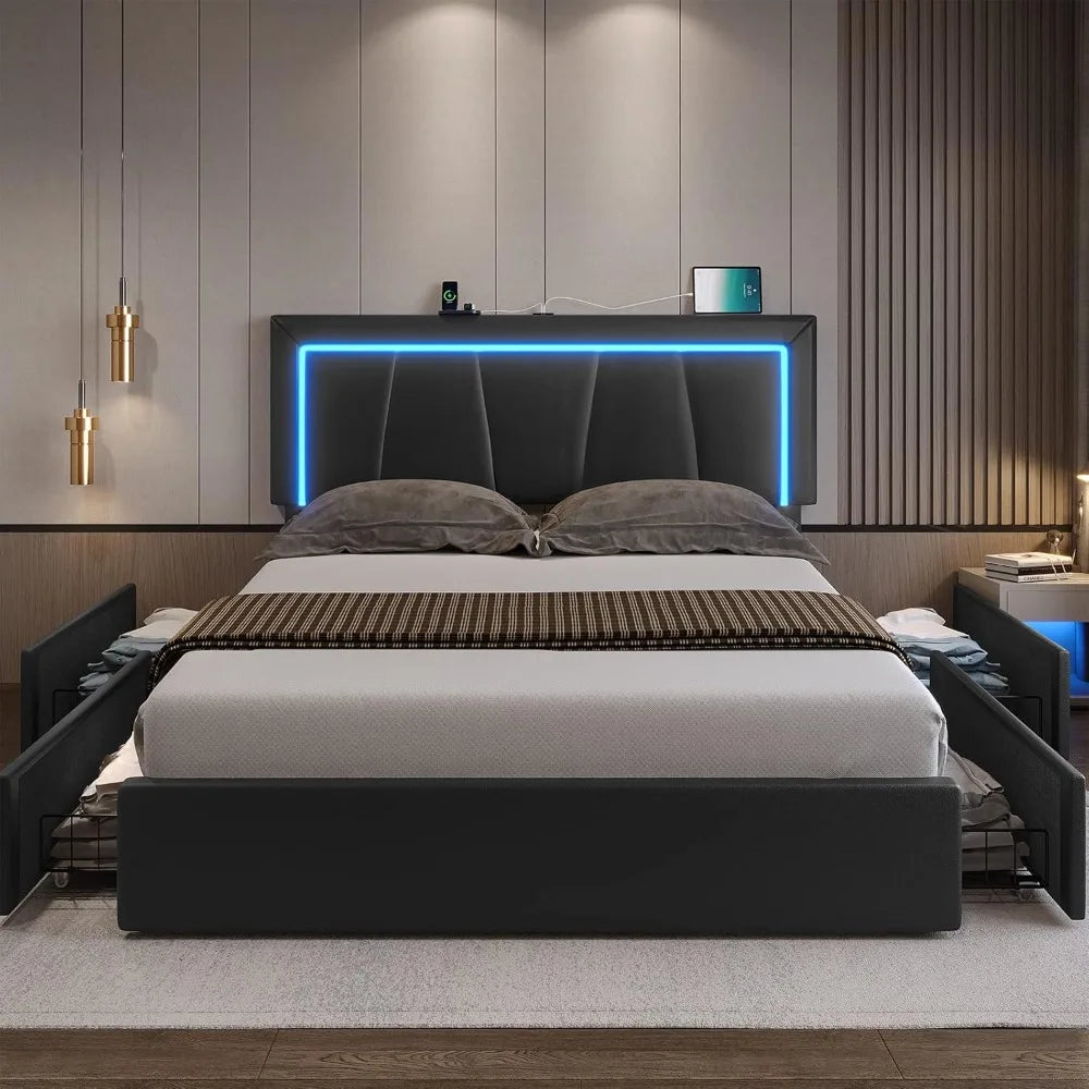 LED Bed Frame with Drawers and USB Ports Modern Upholstered Platform Bed Frame with Storage Queen Size Faux Leather Storage Bed