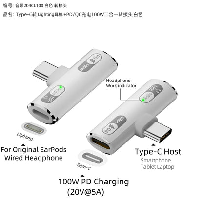 USB C Headphone Audio and Charger 2 in 1 Adapter Type-C to IOS 8Pin Wired Earphone with PD 100W Fast Charging for Phone Tablet
