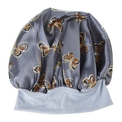 Butterfly Print Satin Sleeping Cap Wide Brim Nightcap Hair Care Turban Chemo Hat for Washing Face Skin-caring Make-up