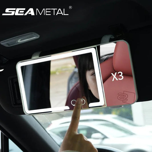 SEAMETAL Car Make Up Mirror Sun Visor Plate LED HD Makeup Mirrors 3X Magnifying Vanity Mirror 3 Color Light Mirror For Women