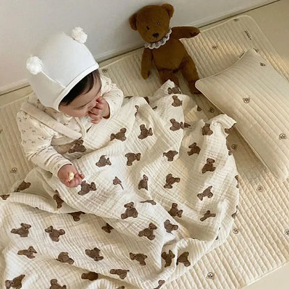 Baby Bath Towel 90cmX130cm Bear Print Blanket Muslin Breathable Infant Cotton Gauze Swaddle Wrap Bedding Baby Stroller Cover