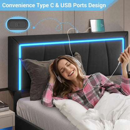LED Bed Frame with Drawers and USB Ports Modern Upholstered Platform Bed Frame with Storage Queen Size Faux Leather Storage Bed
