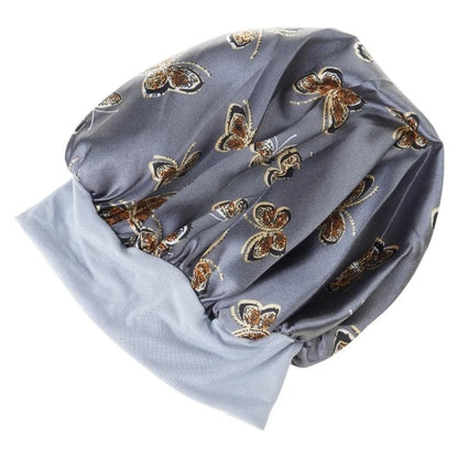 Butterfly Print Satin Sleeping Cap Wide Brim Nightcap Hair Care Turban Chemo Hat for Washing Face Skin-caring Make-up