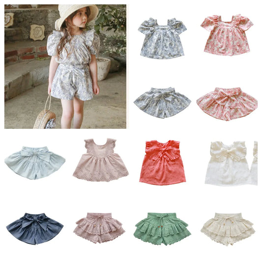 Kids Clothes Girls 2025 New Toddler Baby Girls Cotton Cute Flower Shirt and Lace Bow Shorts Outfit Set Kids Boutique Clothes