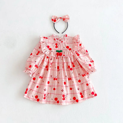 2025 Autumn New Baby Clothes Cherry Print Sibling Clothes Little Sisters Bodysuit Infant Outfit