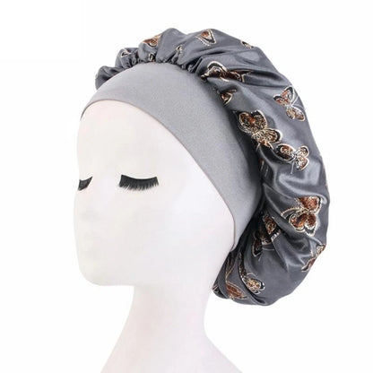 Butterfly Print Satin Sleeping Cap Wide Brim Nightcap Hair Care Turban Chemo Hat for Washing Face Skin-caring Make-up