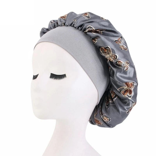 Butterfly Print Satin Sleeping Cap Wide Brim Nightcap Hair Care Turban Chemo Hat for Washing Face Skin-caring Make-up