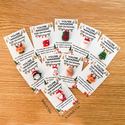 10/40PCS Random Mini Christmas Cards - Emotional Support Gifts with Resin Charms, Santa, Stocking, Gingerbread, Snowman,Reindeer