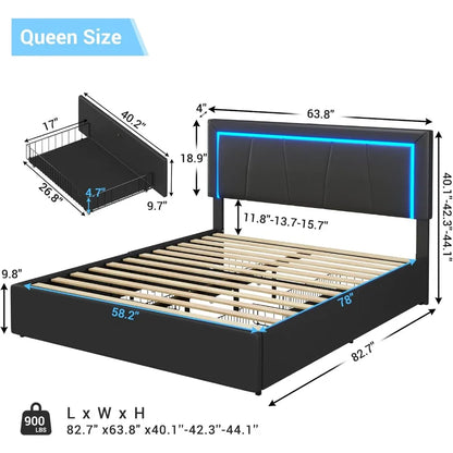 LED Bed Frame with Drawers and USB Ports Modern Upholstered Platform Bed Frame with Storage Queen Size Faux Leather Storage Bed