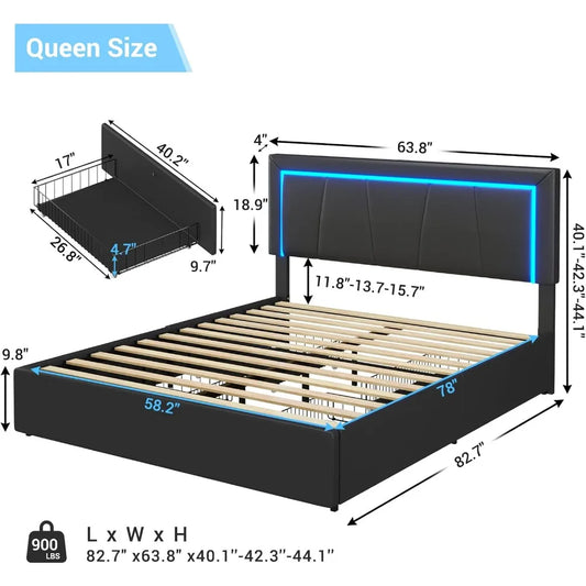 LED Bed Frame with Drawers and USB Ports Modern Upholstered Platform Bed Frame with Storage Queen Size Faux Leather Storage Bed