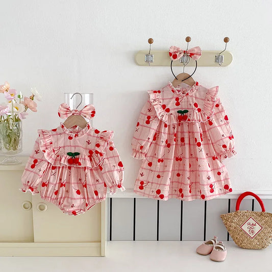 2025 Autumn New Baby Clothes Cherry Print Sibling Clothes Little Sisters Bodysuit Infant Outfit
