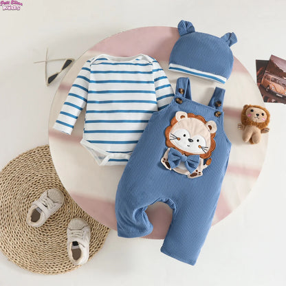 New Born Baby Clothes 0-18M Baby Boy Girls 3Pcs Outfit Sets Striped Cotton Bodysuit and Corduroy Cartoon Overalls Hat Daily Wear