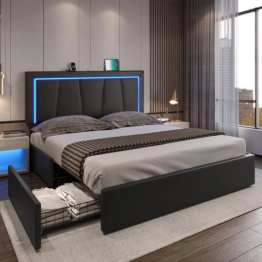 LED Bed Frame with Drawers and USB Ports Modern Upholstered Platform Bed Frame with Storage Queen Size Faux Leather Storage Bed