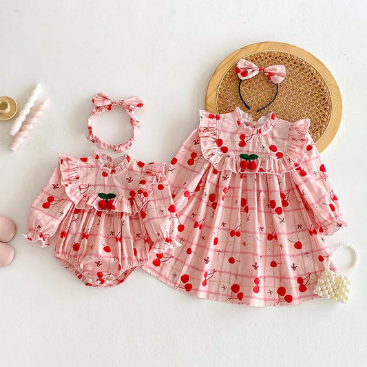 2025 Autumn New Baby Clothes Cherry Print Sibling Clothes Little Sisters Bodysuit Infant Outfit