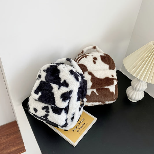 Cow Print Fluffy Backpack, Small Fuzzy Shoulder Bag For Work & School, Women's Top Handle Backpack Purse