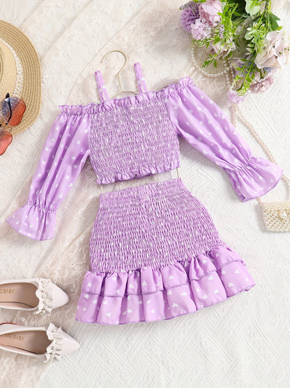[Casual Heart Print Skirt Set] Casual Heart Print Ruffle Detail Girls' Knee-Length Skirt Set | Summer Dresses for Outdoor Attire