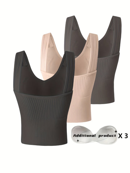 3pcs Comfortable Ribbed Tank Top - Wireless, Detachable Chest Pads, Breathable, Soft, and Seamless Lingerie & Underwear for Women - Casual, Everyday Wear
