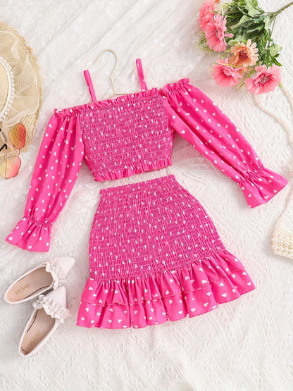 [Casual Heart Print Skirt Set] Casual Heart Print Ruffle Detail Girls' Knee-Length Skirt Set | Summer Dresses for Outdoor Attire