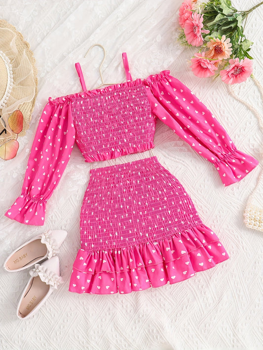 [Casual Heart Print Skirt Set] Casual Heart Print Ruffle Detail Girls' Knee-Length Skirt Set | Summer Dresses for Outdoor Attire