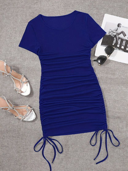 Womens Ruched Skinny Dress - Adjustable Drawstring Waist, Solid Color, Short Sleeve, Crew Neck, Chic and Versatile Casual Wear for Women